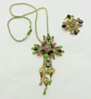 D&e Juliana Vintage Rhinestone Necklace Earring Set Purple Green Tassel 658k