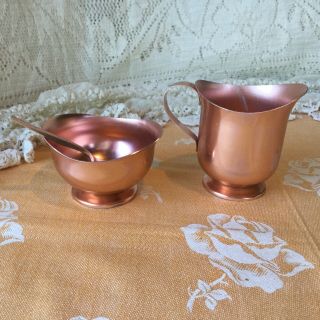 Vintage Copper Tone Sugar With Spoon And Creamer Set