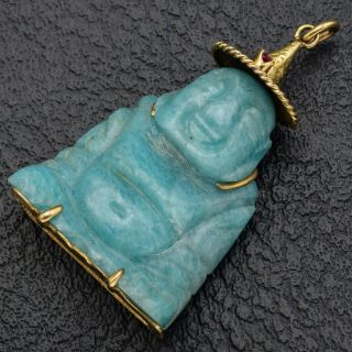 Vintage 14k Yellow Gold Blue Jade & Ruby Carved Buddha " Blessed " Pendant 12.  6g