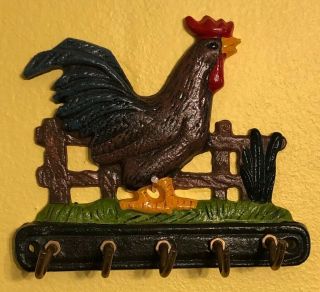 Vintage Cast Iron Rooster Wall Hanging Key Holder 5 Hooks Farmhouse Chicken