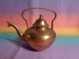 Vintage India Brass Etched Carved Teapot Kettle 3 " High - - Chipped Tip