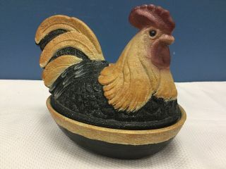 Vtg Fenton Hand Painted Signed Hen Rooster On Nest Covered Dish Black Brown
