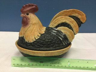 Vtg Fenton Hand Painted Signed Hen Rooster On Nest Covered Dish Black Brown 2