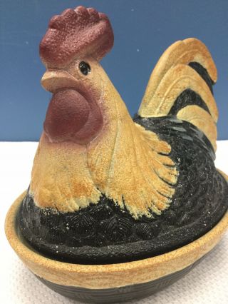 Vtg Fenton Hand Painted Signed Hen Rooster On Nest Covered Dish Black Brown 3