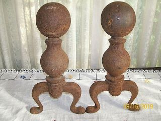 14 " Tall/4 " Diameter Cannon - Ball Style Iron Andirons W/7 " Log Holders/ Barn Find
