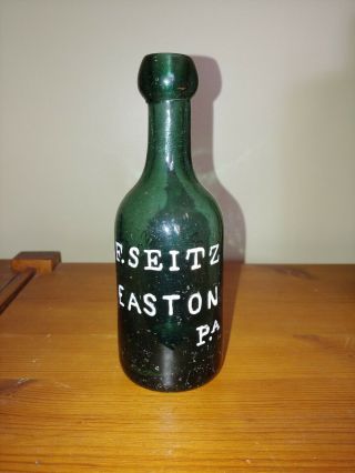 F.  Seitz Squat Soda/beer Bottle,  Easton,  Pa.  Emerald Green,  Graphite Pontil