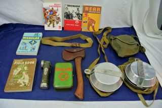 Vintage Boy Scout Gear,  Flashlight,  Hatchet,  Mess Kits,  First Aid Container,