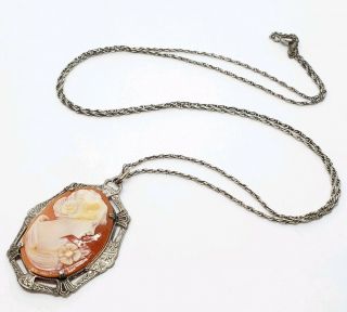 Exquisite Antique Signed Sterling Silver Art Nouveau Hand Carved Cameo Necklace