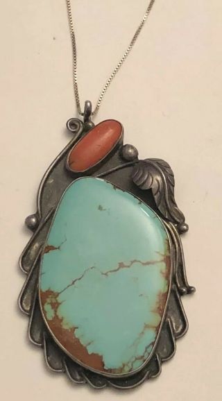 Big Vintage Dead Pawn Navajo Turquoise Coral Feather Sterling Silver Pendant 41g