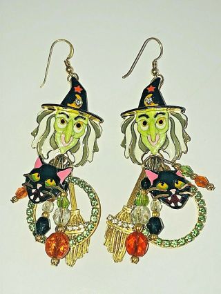 Vintage Lunch At The Ritz Pierced French Wire Halloween Earrings Witch Woops