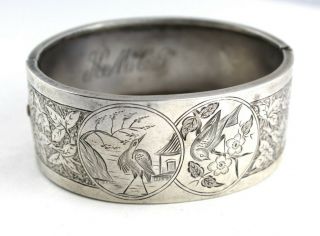 Antique Victorian Silver Aesthetic Movement Engraved Bird Wide Bangle Bracelet