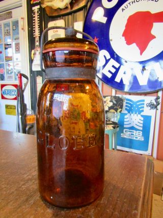 Vtg Dark Amber Antique Globe Quart Fruit Jar W/ Lid 46.  8 " Tall