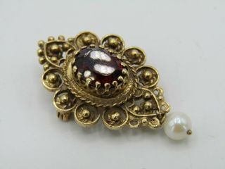 Vintage 14k Yellow Gold Freshwater Pearl & Garnet Victorian Brooch Pin Pendant