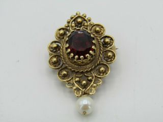 Vintage 14k Yellow Gold Freshwater Pearl & Garnet Victorian Brooch Pin Pendant 2