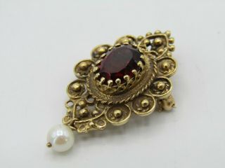 Vintage 14k Yellow Gold Freshwater Pearl & Garnet Victorian Brooch Pin Pendant 3