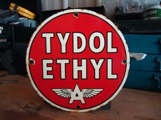 Old Vintage Flying A Tydol With Ethyl Gasoline Porcelain Enamel Gas Pump Sign