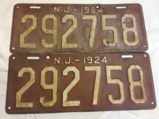 Old Vtg 1924 Jersey 292758 White & Red License Plate Set 15 " X 6 "