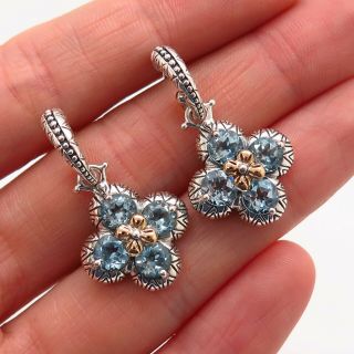 Barbara Bixby 925 Sterling Silver & 585/14k Gold Blue Topaz Floral Drop Earrings