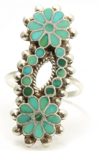 Vintage Zuni Signed Sterling Silver Dishta Turquoise Inlay Flower Column Ring