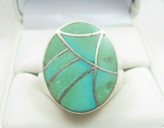 Heavy Vintage Navajo Signed Lee Turquoise Inlay Sterling Silver Ring Sz 11