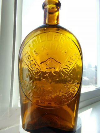 Applied Top Amber Pint Western Whiskey Flask Miller’s Old Bourbon E.  Martin