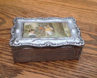 Antique Silver Plated Pocket Watch Travel Case/box 11x4x7cm/ Dickens? Illus.  Lid