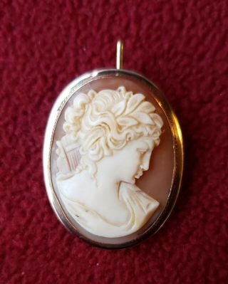Antique - 14k Carved Angel Skin Pink Coral Lady Cameo Pendant / Brooch