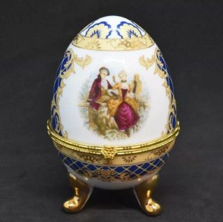 Vecceli Italy Hinged Porcelain Egg Shaped Trinket Box Cobalt Blue Gold Gilded