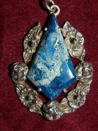 Antique Arts & Crafts Silver Marcasite & Blue Agate Pendant Necklace 18 " Chain