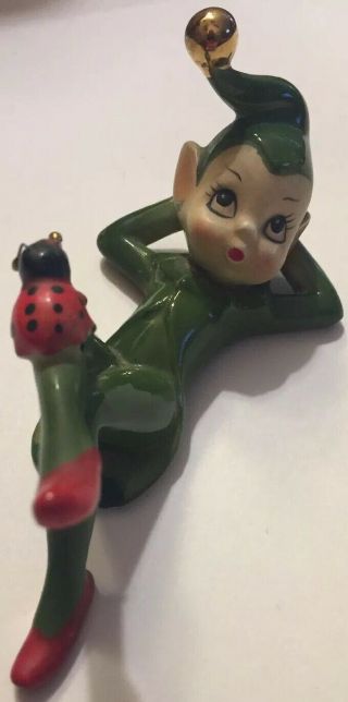 Vintage Pixie Elf Ceramic Green W/ladybug