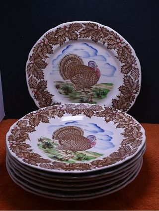 Vintage Set Of (8) Maruta Ware Tom Turkey 10 - 3/8 " Dinner Plates Japan