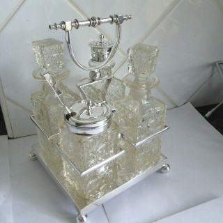 Victorian Silver Plate & Hobnail Cut Glass 4 Bottle Cruet Set On Stand Ball Feet