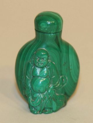 Vintage Chinese Snuff Bottle Green Malachite Natural Stone W/ Hand Carved Buddha