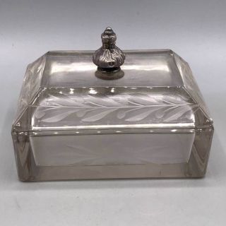 Ornate Sterling Silver Etched Glass Dresser Top Trinket Jewelry Box Vtg