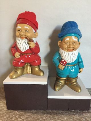 2 Vintage Ceramic Happy Gnomes.  Made In Japan