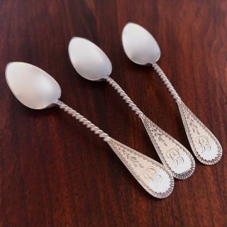 - (3) Tiffany & Co.  Sterling Silver Demitasse Spoons Twist Stem Engraved Pattern