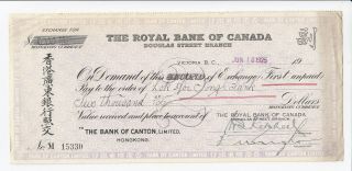 1925 Rbc Victoria B.  C.  Cheque Bank Of Canton Hong Kong