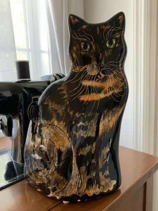11” Tabby Cat Ceramic Hand - Painted Vase By Nina Lyman