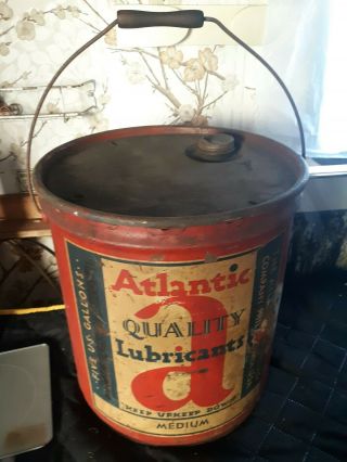 Vintage Metal 5 Gallon Atlantic Quality Lubricant Oil Can