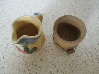 2 Vintage Miniatures,  Hand - Painted Stoneware Pitcher & Wood Well Water Bucket,