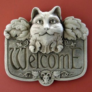 Garden Decor - Angel Cat Stone Welcome Plaque - Aged Stone Finish
