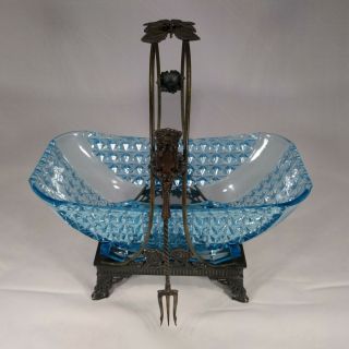 Large Victorian Blue Insert Pickle Castor With Silver Plated Base And Fork.