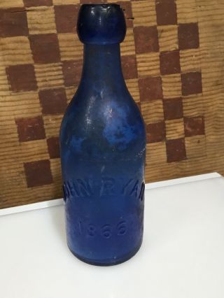 John Ryan 1866 Excelsior Soda Cobalt Blue Bottle Savannah Georgia Blob Top
