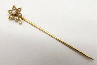 Vtg 14k Gold Seed Pearl Flower Stick Pin Floral Shawl Hat Lapel Antique Estate