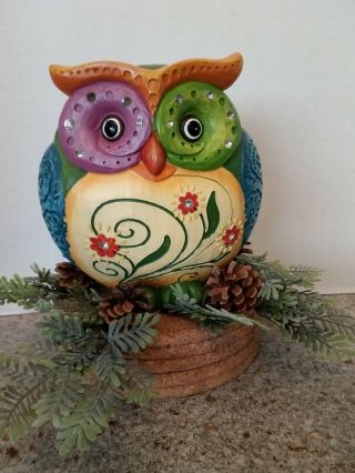 Owl Poly Stone Wooden Owl Multi - Colored Hand Painted With Rhinestones