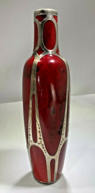 Art Deco Early Vintage Royal Doulton Flambe Red Sterling Silver Overlay Vase