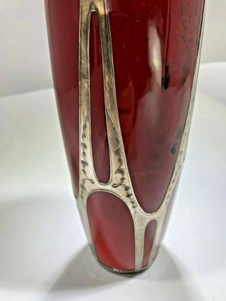 Art Deco Early Vintage Royal Doulton Flambe Red Sterling Silver Overlay Vase 3