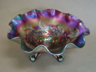 Vintage Dugan Carnival Glass Cherries 9 " Footed Ruffled Bowl Purple Iridescent
