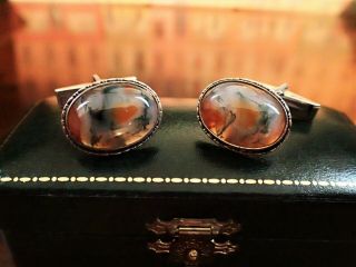 Antique Art Deco Silver Cufflinks Moss Agate Cabochons 925 Sterling Quality