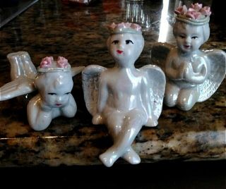 Set Of 3 " Mini Porcelain Angel Figurines.  Fenton Glass Color.  Vintage Set.